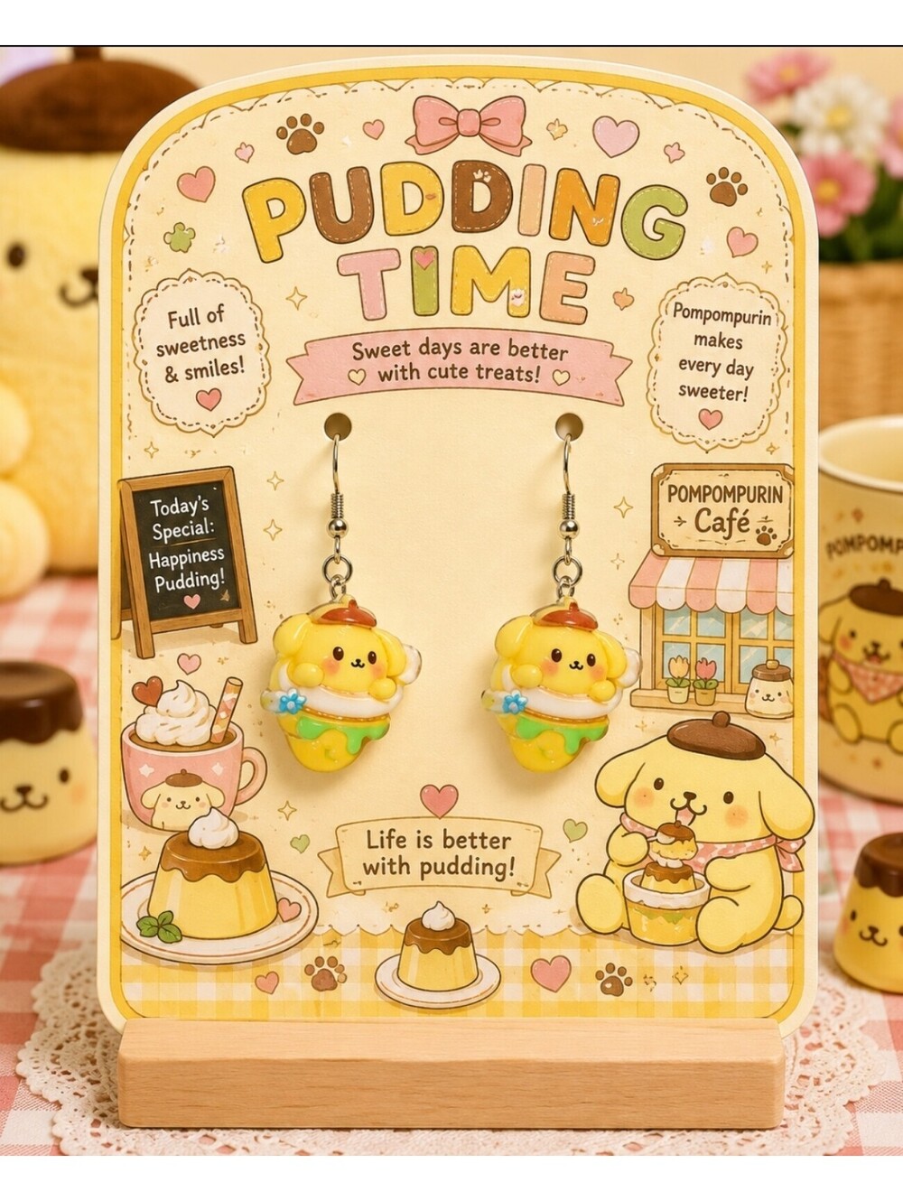 Kawaii Sanrio Hello Kitty Pompompurin Pudding Time Hypoallergenic Earrings